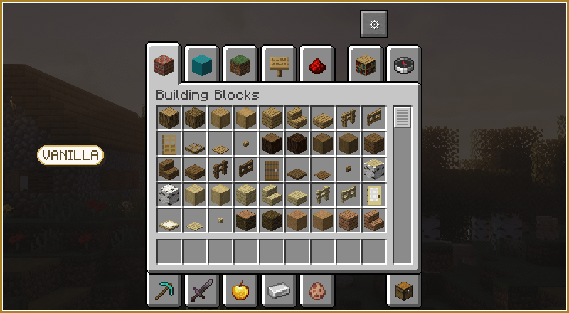 The same creative inventory before and after: sorted A to Z, Redstone and Tools pinned first, two tabs hidden